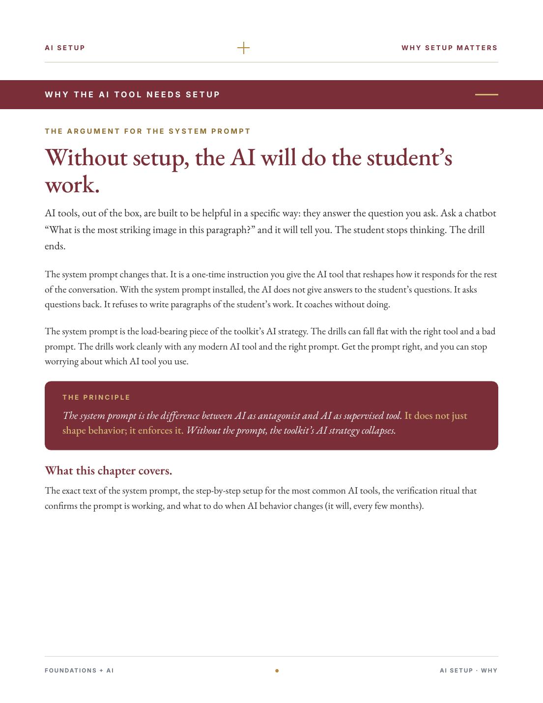 A page from the AI Setup chapter: Without setup, the AI will do the student's work.