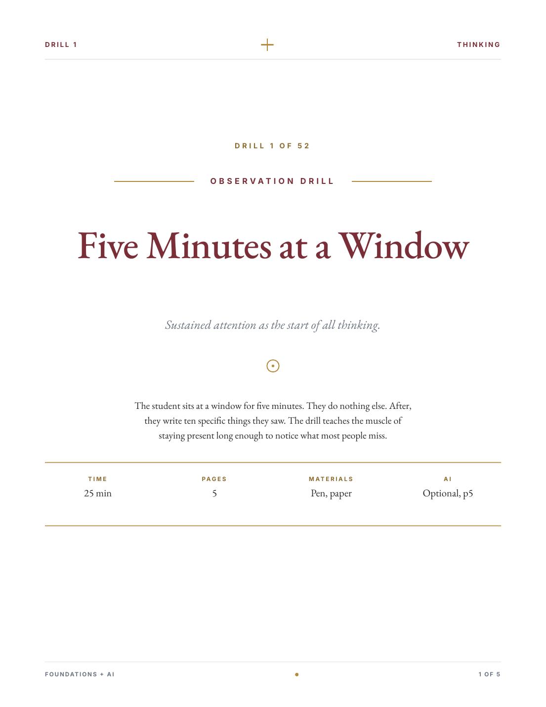 The drill cover page for Five Minutes at a Window.