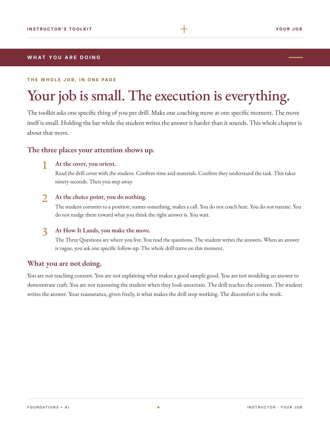 Your job is small. The execution is everything. A page from the Instructor's Toolkit chapter.